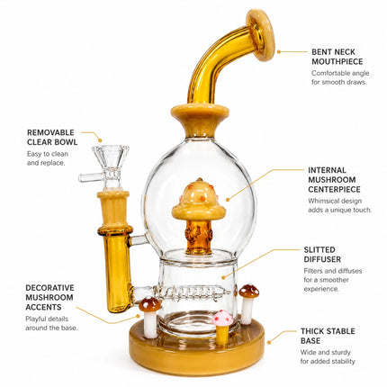 Product infographic for the amber mushroom percolator glass water pipe showing full design, close-up features, and key details