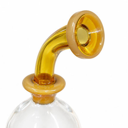 Close-up of the curved amber neck and flared mouthpiece on the mushroom percolator bong