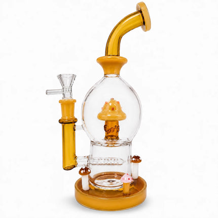 Amber mushroom percolator glass water pipe with 14mm bowl, clear globe chamber, and curved neck shown on a white background