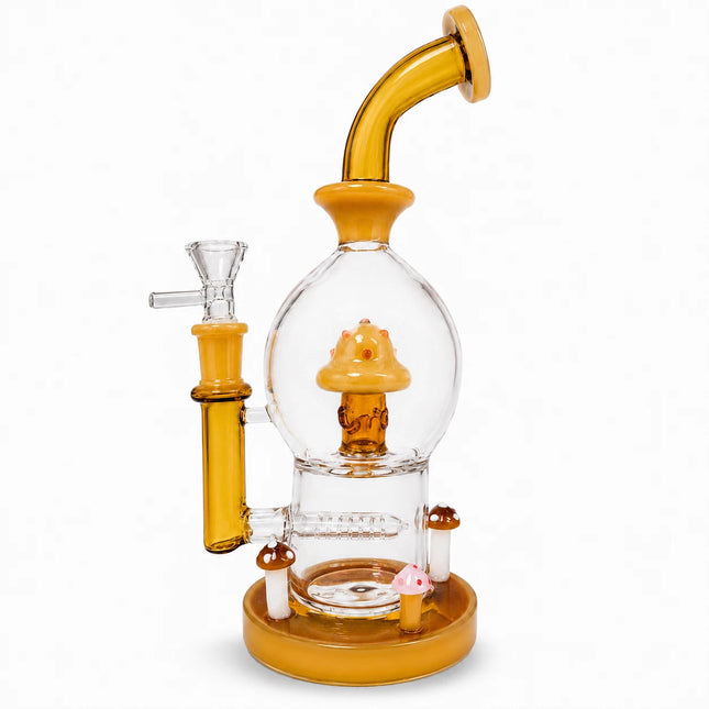 Amber mushroom percolator glass water pipe with 14mm bowl, clear globe chamber, and curved neck shown on a white background
