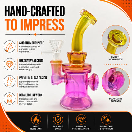 Infographic image of the pink yellow chrome diamond mini glass bong showing the full piece, close-up features, and key product details