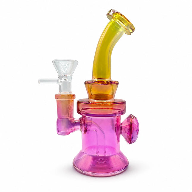 Full view of a pink diamond mini glass water pipe with yellow chrome neck, 14mm bowl, and compact 6.5-inch body on a white background