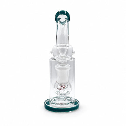 Full product view of the clear mini glass bong with deep teal mouthpiece and base accents shown upright on a white background