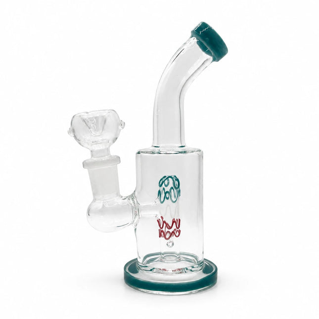 Front view of a clear 6-inch mini glass bong with teal rim accents, angled neck, and 14mm bowl on a clean white background
