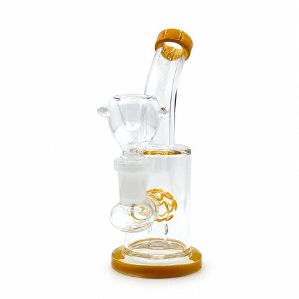 Angled full-product view showing the compact 6-inch bong, bent neck, clear bowl, and yellow detailing