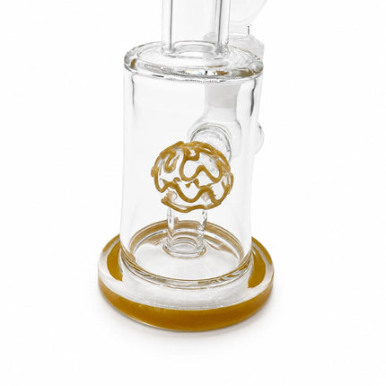 Lower chamber view highlighting the yellow dome perc, transparent body, and circular yellow base accent