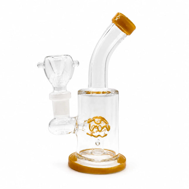 Clear yellow dome perc mini glass bong with 14mm bowl shown upright on a clean white background