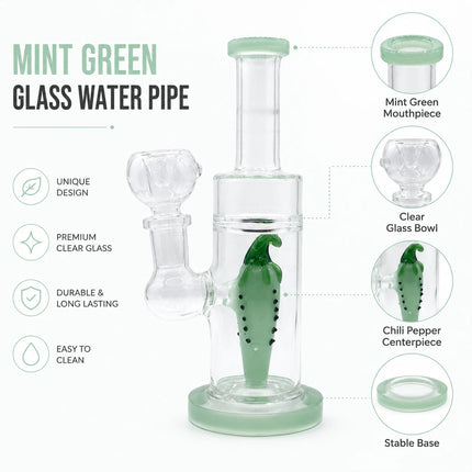Product infographic featuring the mint green pepper glass bong with straight neck, 14mm joint, dimensions, and detail views