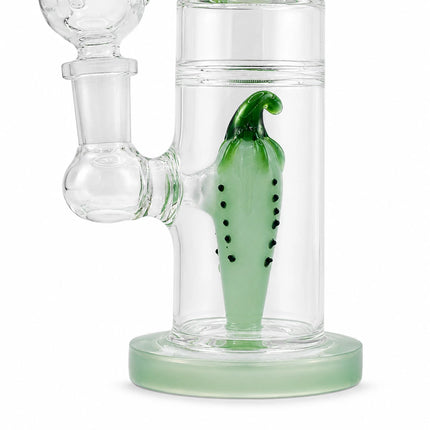 Side detail showing the clear 14mm bowl connection and green pepper-shaped decorative feature inside the chamber
