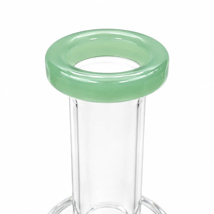 Close-up of the straight glass neck finished with a thick mint green mouthpiece rim