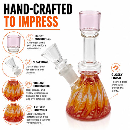 Handcrafted product infographic featuring the mini beaker bong with measurements, 14mm joint details, and close-up views