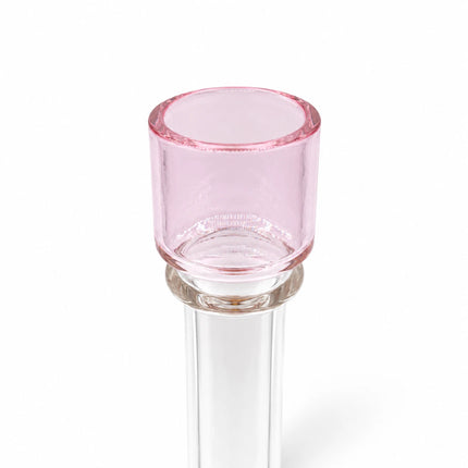 Macro detail of the translucent blush pink mouthpiece rim and clear straight neck