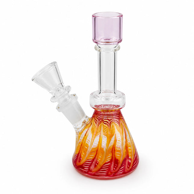 Front studio view showing the 6-inch beaker shape, pale pink mouthpiece, clear 14mm joint, and orange-red glass base