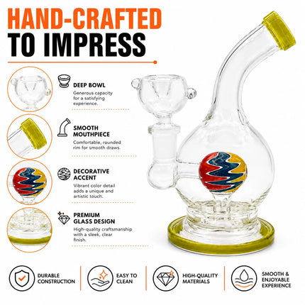 Product infographic for the moss green mini round glass bong with feature callouts, close-up details, and 14mm bowl information