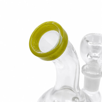 Close-up detail of the moss green mouthpiece ring and curved neck on the compact clear glass water pipe