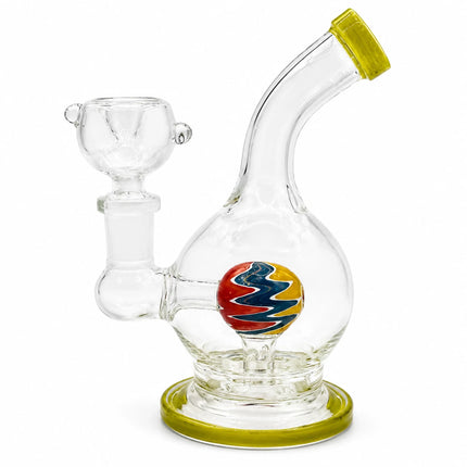 Front product view of a clear 6.5-inch mini round bong with moss green accents, 14mm bowl, and colorful orb perc center