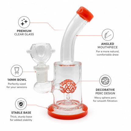 Infographic image of the clear orange dome perc mini glass bong showing key features, dimensions, and included 14mm bowl