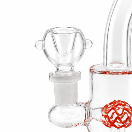 Close-up of the clear 14mm bowl and side joint on the compact orange-accent mini glass water bong