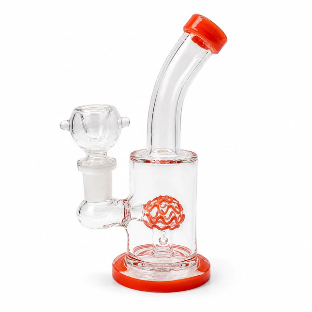 Front view of a clear 6-inch mini glass bong with orange rim accents, 14mm bowl, and internal dome percolator