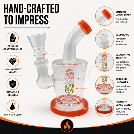 Handcrafted product infographic showing the mini water pipe with 14mm joint, bent neck, orange accents, and squiggle perc features