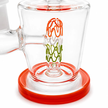 Detailed chamber view highlighting the orange-and-green squiggle percolator suspended above the bright orange base ring