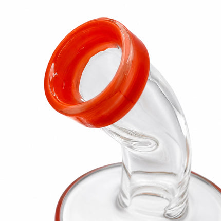 Close-up of the bent clear neck finished with a vivid orange flared mouthpiece rim
