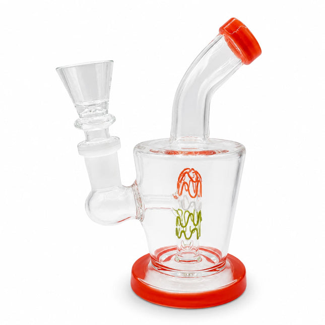Front studio view of the 6.5-inch clear glass water pipe with orange mouthpiece, matching base, 14mm bowl, and center perc detail