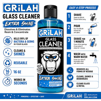 GRILAH Extra Shine glass cleaner infographic featuring the 16 oz bottle with cleaning benefits, directions, and product highlights