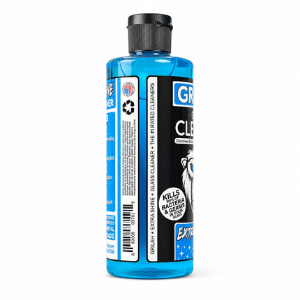 Side profile of the 16 oz GRILAH cleaner bottle highlighting the measurement panel, label details, and black cap