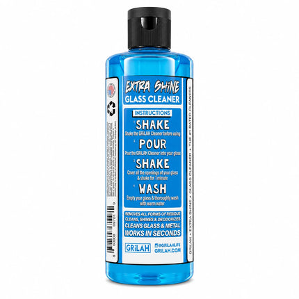 Back label view of the GRILAH glass cleaner bottle showing product directions and information on the blue packaging