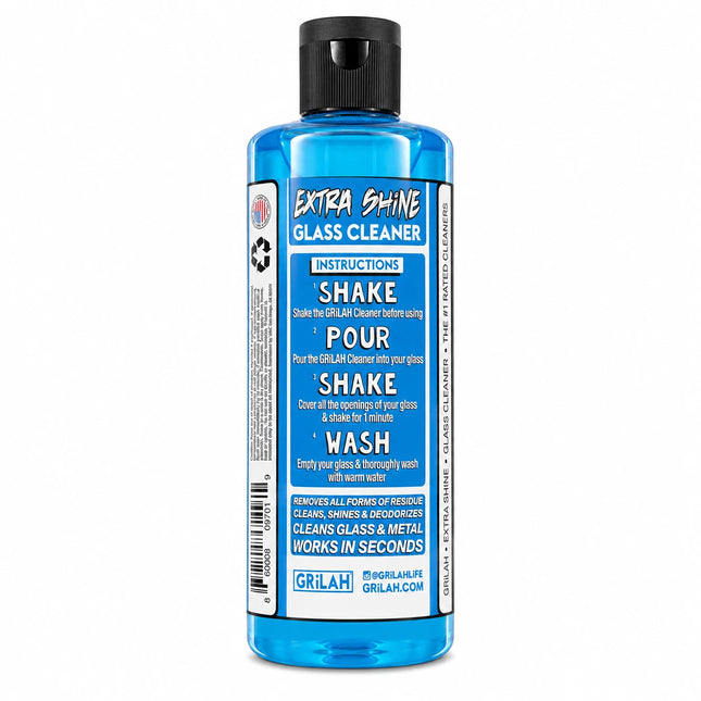 Back label view of the GRILAH glass cleaner bottle showing product directions and information on the blue packaging