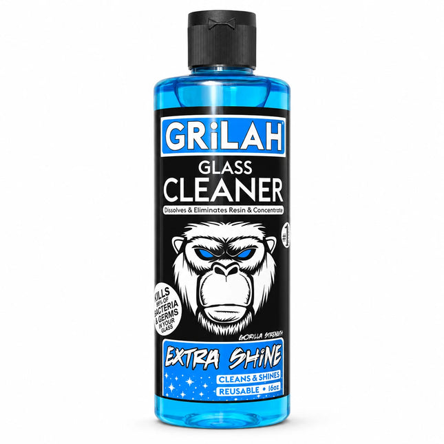 Front view of GRILAH Extra Shine blue 16 oz glass cleaner bottle with black cap and gorilla logo on a white background