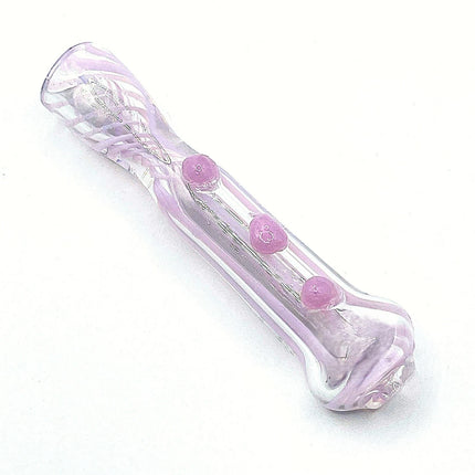 Reverse angled view emphasizing the slim glass form, rounded mouthpiece, and decorative pink dot grip details