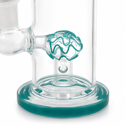 Close-up of the ocean teal dome percolator and rounded teal base inside the clear glass chamber