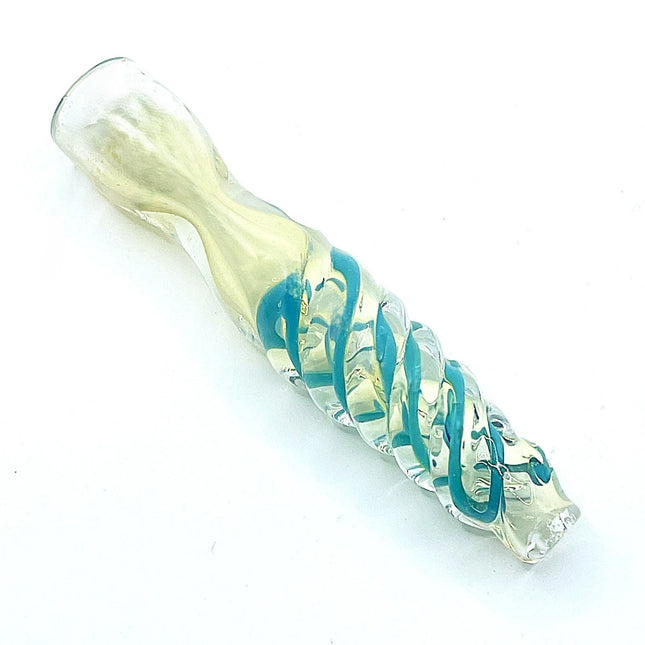 Reverse diagonal angle emphasizing the flared mouth opening, translucent body, and blue-green spiral accents.