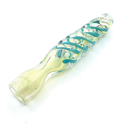Three-quarter view highlighting the pale mouthpiece and aqua spiral glasswork wrapping the transparent body.