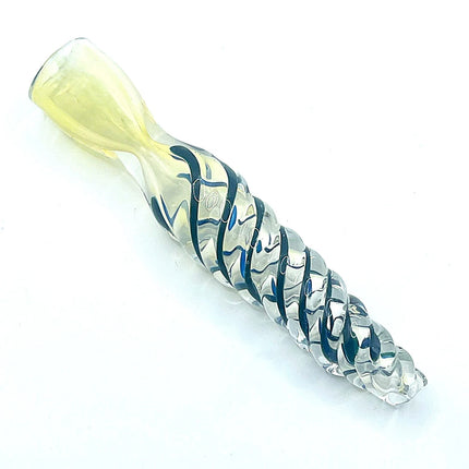 Diagonal studio angle showing dark blue wrap accents winding around the transparent center and pale flared mouthpiece.