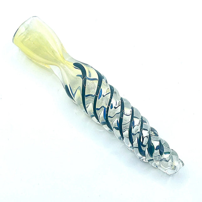 Diagonal studio angle showing dark blue wrap accents winding around the transparent center and pale flared mouthpiece.