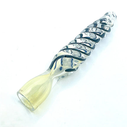 Reverse angled view emphasizing the clear mouth opening, textured spiral pattern, and narrow rounded tip.