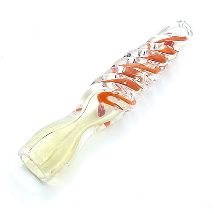 Reverse angled view emphasizing the flared clear mouthpiece, tapered shape, and orange ribbon-like glass accents.