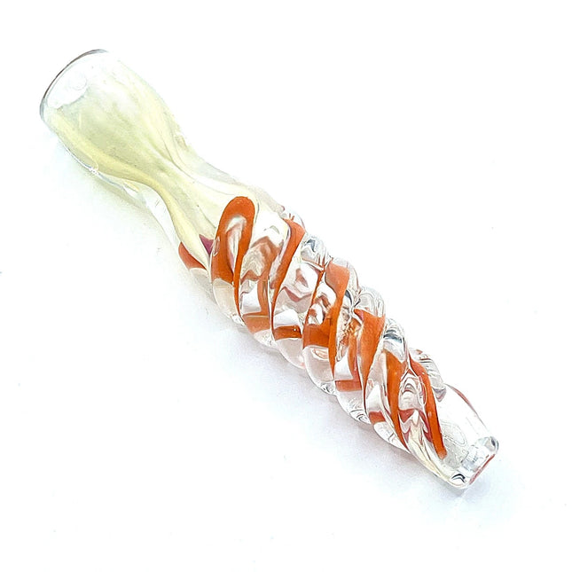 Diagonal product view highlighting the transparent glass body, pale mouthpiece, and raised orange wrap detail.