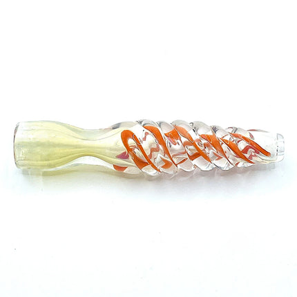 Horizontal side angle showing the slim profile and orange decorative spiral concentrated through the center section.