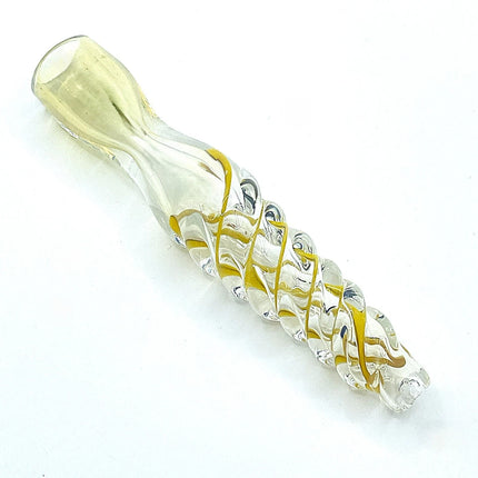 Angled studio shot showing the transparent body, pale mouthpiece, and gold lattice-style glass detailing.