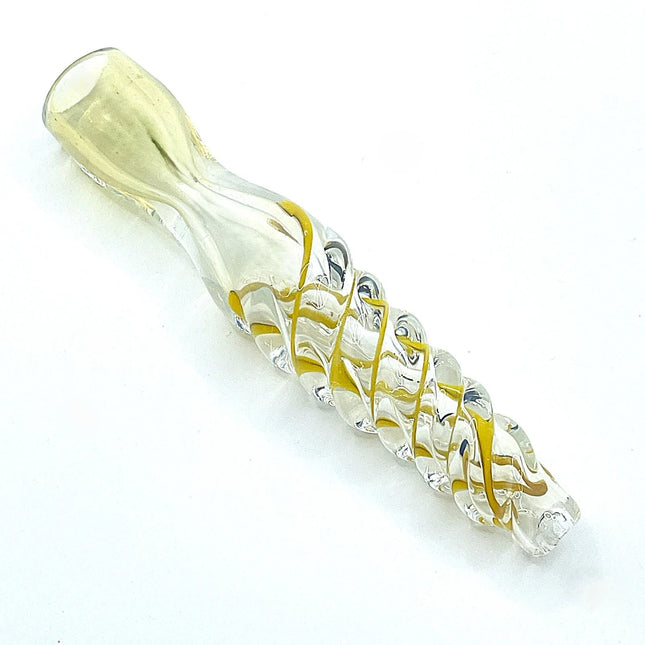 Angled studio shot showing the transparent body, pale mouthpiece, and gold lattice-style glass detailing.
