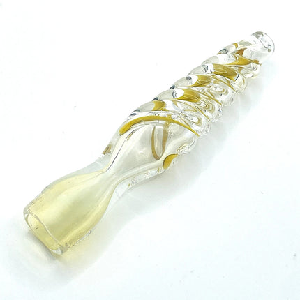 Reverse diagonal angle showing the flared mouthpiece, transparent glass construction, and raised golden decorative pattern.