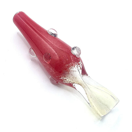 Reverse angled product view emphasizing the tapered red tip, clear mouthpiece, and sculpted glass accents