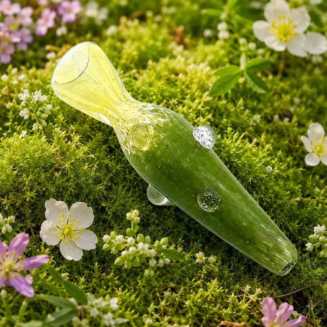 Olive green frosted glass chillum pipe with pale yellow mouthpiece and clear dot grip displayed on a mossy floral background