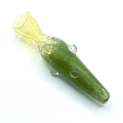 Olive green frosted glass chillum pipe with pale yellow mouthpiece shown diagonally on a pure white background
