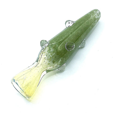 Angled view of olive green frosted glass chillum pipe showing clear dot accents and pale yellow mouthpiece on a pure white background