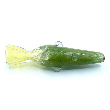 Side view of olive green frosted glass chillum pipe with clear dot grip and pale yellow mouthpiece on a pure white background
